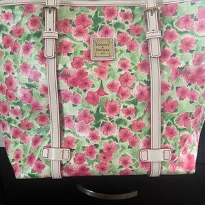 Dooney & Bourke Pink Floral Tote with Green Background